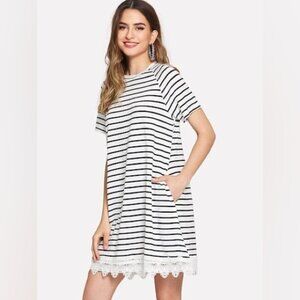 SHEIN Dress Stripes Lace Hem Short Sleeve Raglan Black White Size Small